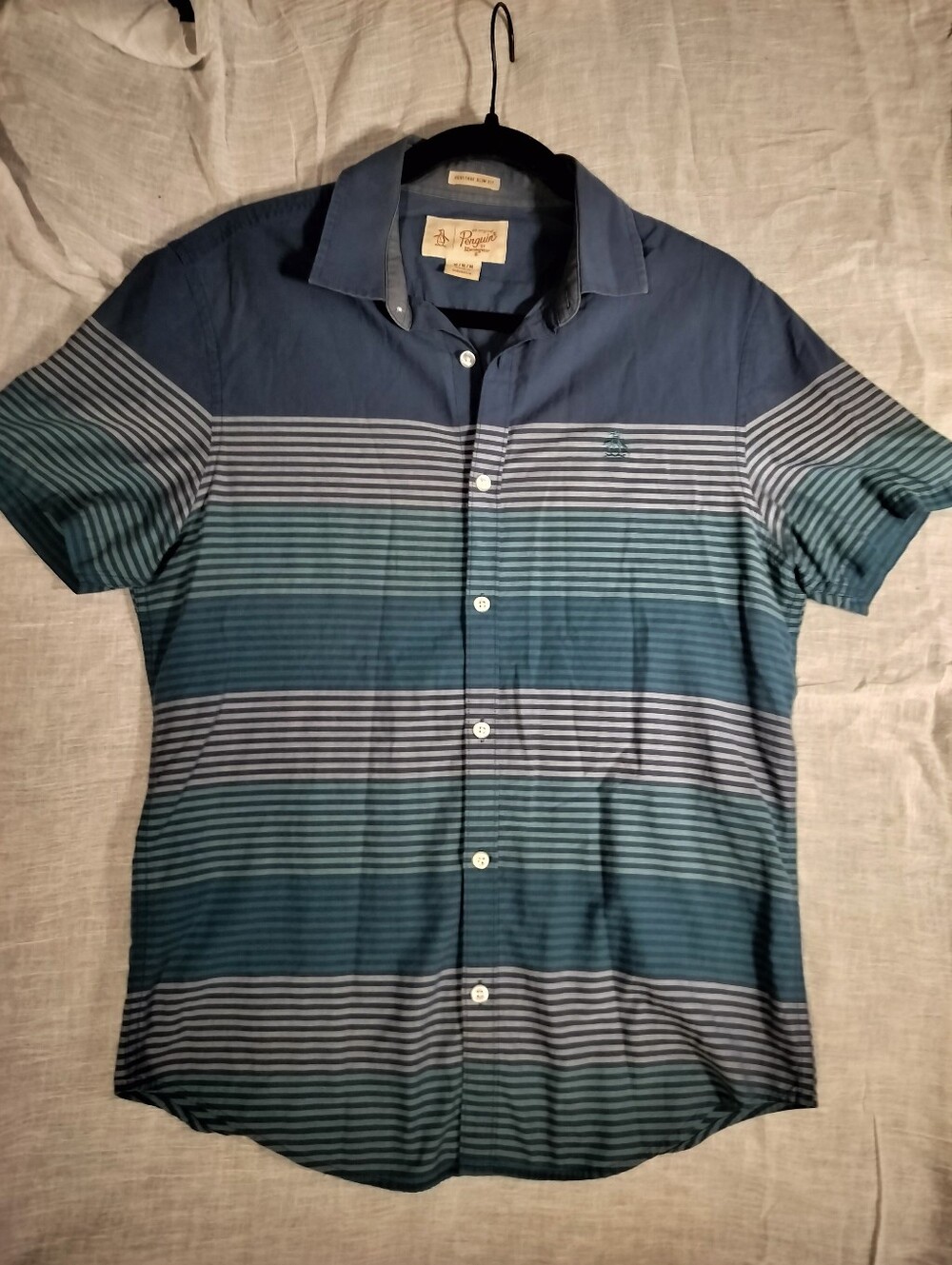 Penguin Blue Teal White Striped Short-Sleeve Button-Down Slim Fit Shirt - Medium